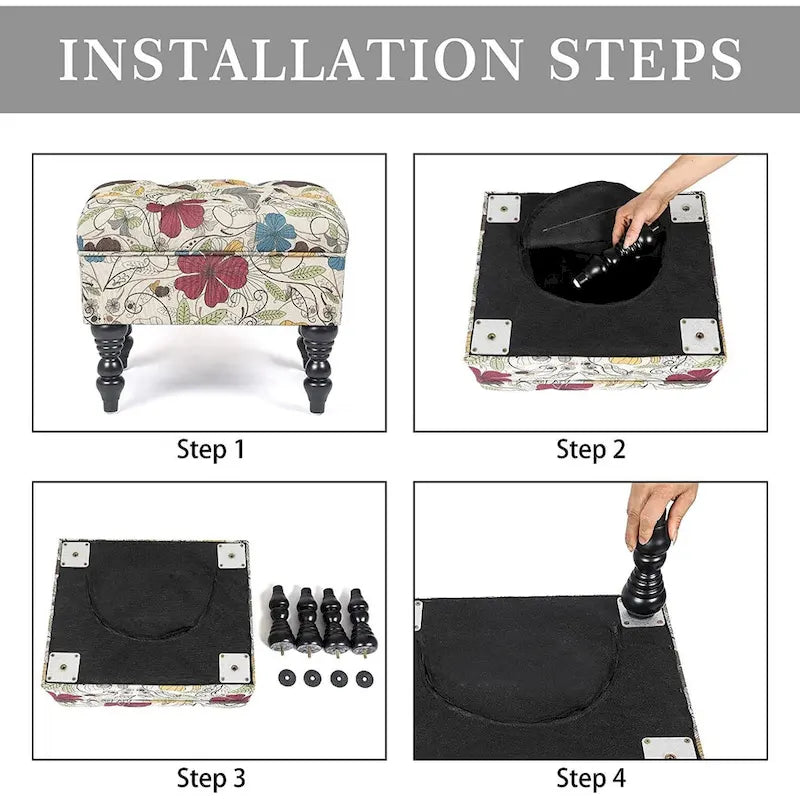 Repose-Pieds et Banc de Coiffeuse Matelassé à Motif Floral avec Cadre en Bois Massif