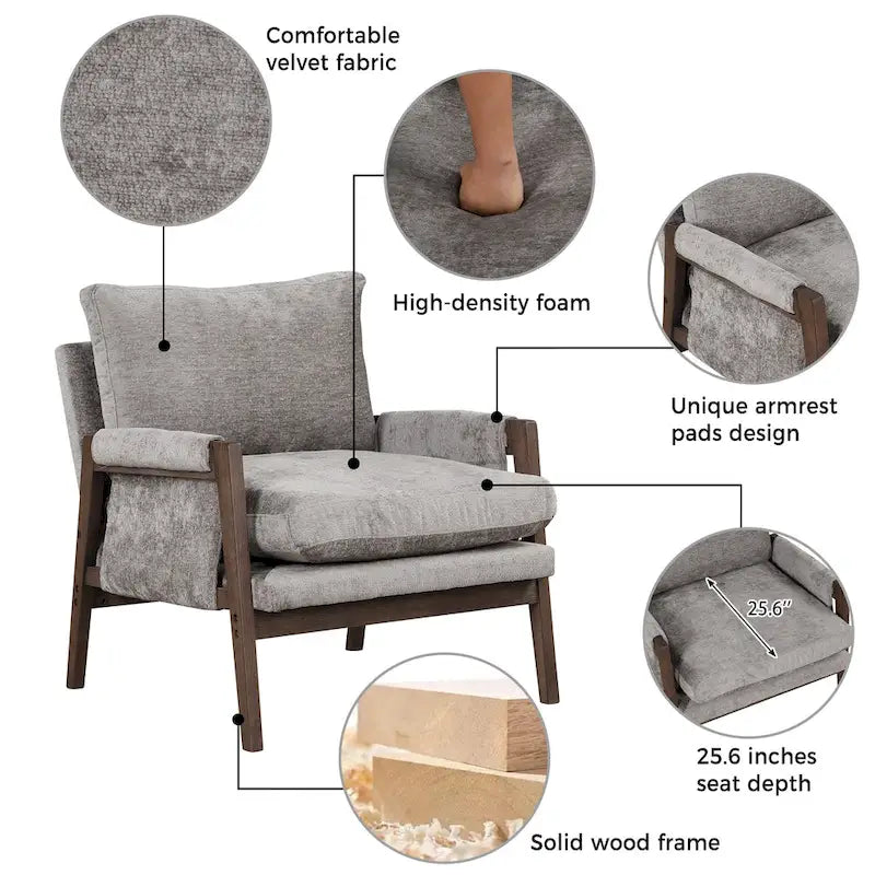 Fauteuil d'appoint en velours de style Mid-Century Modern avec accoudoirs rembourrés