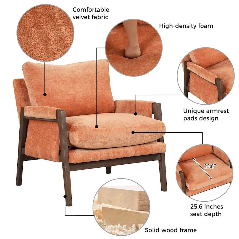 Fauteuil d'appoint en velours de style Mid-Century Modern avec accoudoirs rembourrés