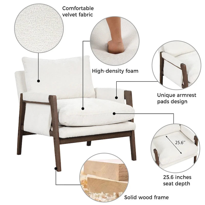 Fauteuil d'appoint en velours de style Mid-Century Modern avec accoudoirs rembourrés