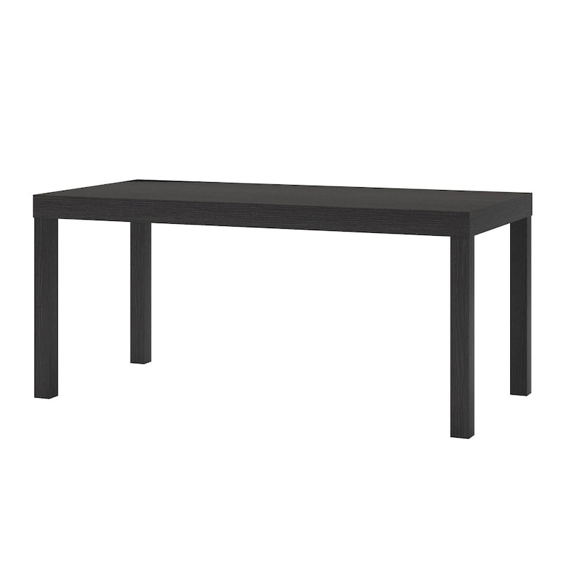 Table basse rectangulaire minimaliste avec finition grain de bois et pieds blocs