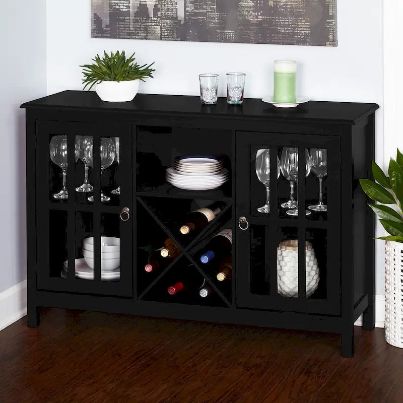 Bahut de cuisine avec portes vitrées et casier à vin en X