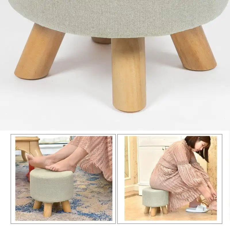 Ottoman Repose-Pied Rond en Lin avec Pieds en Bois Massif