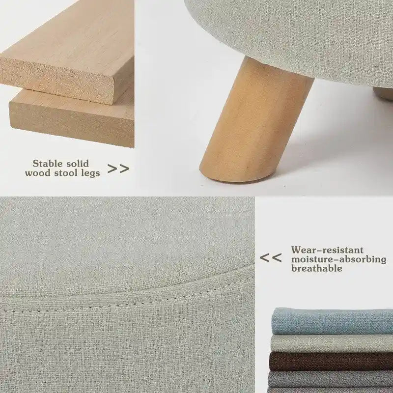 Ottoman Repose-Pied Rond en Lin avec Pieds en Bois Massif