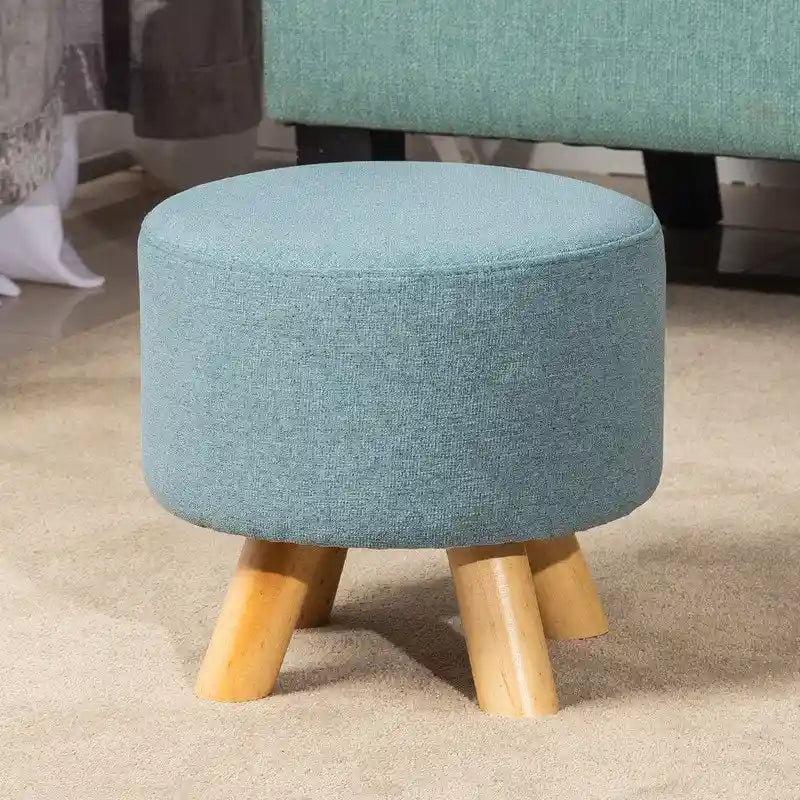 Ottoman Repose-Pied Rond en Lin avec Pieds en Bois Massif