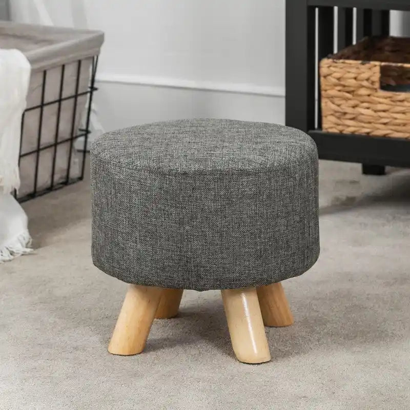 Ottoman Repose-Pied Rond en Lin avec Pieds en Bois Massif