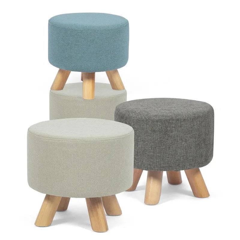 Ottoman Repose-Pied Rond en Lin avec Pieds en Bois Massif
