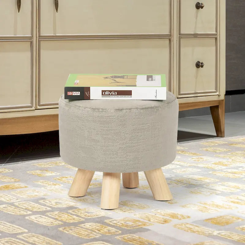 Ottoman Repose-Pied Rond en Lin avec Pieds en Bois Massif