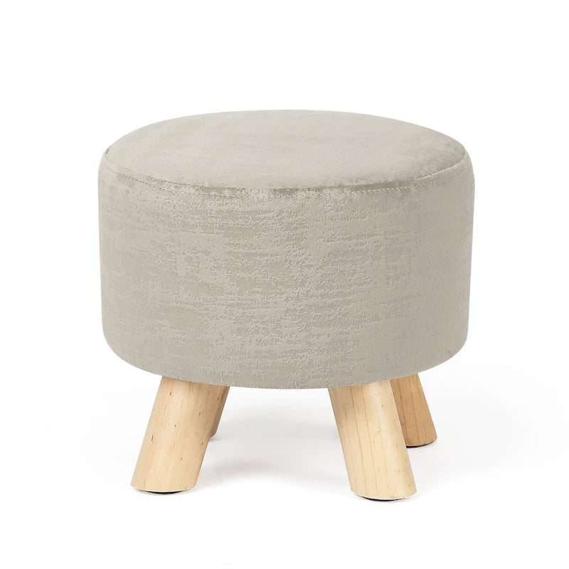 Ottoman Repose-Pied Rond en Lin avec Pieds en Bois Massif