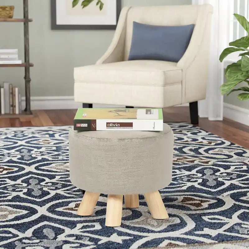 Ottoman Repose-Pied Rond en Lin avec Pieds en Bois Massif