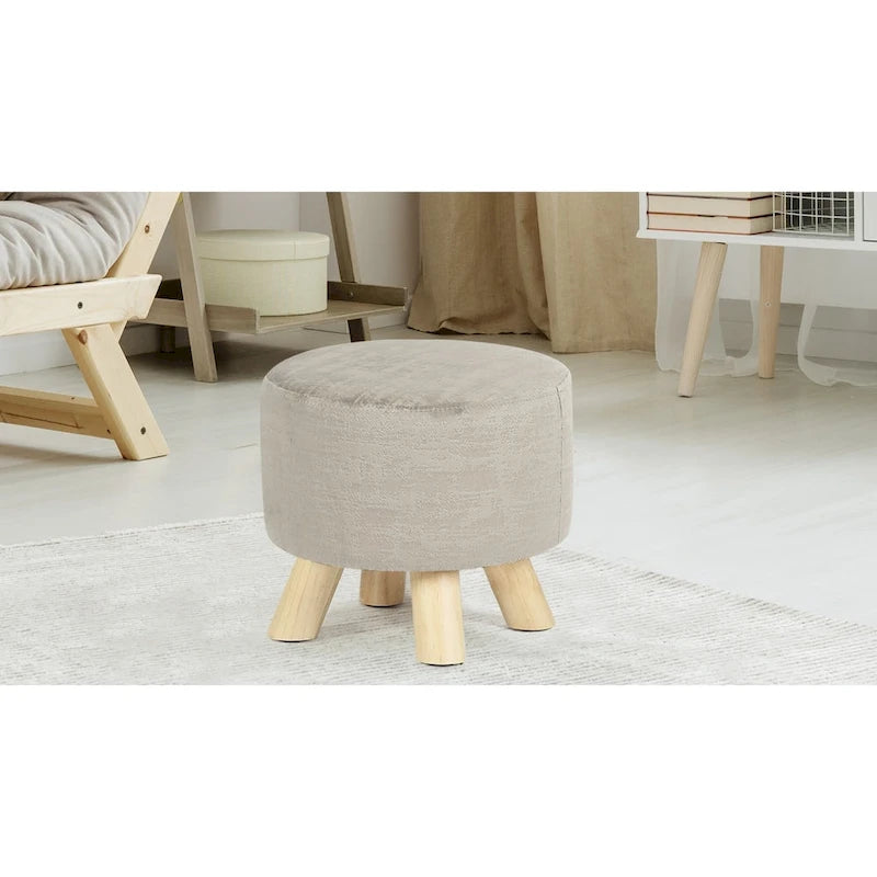 Ottoman Repose-Pied Rond en Lin avec Pieds en Bois Massif