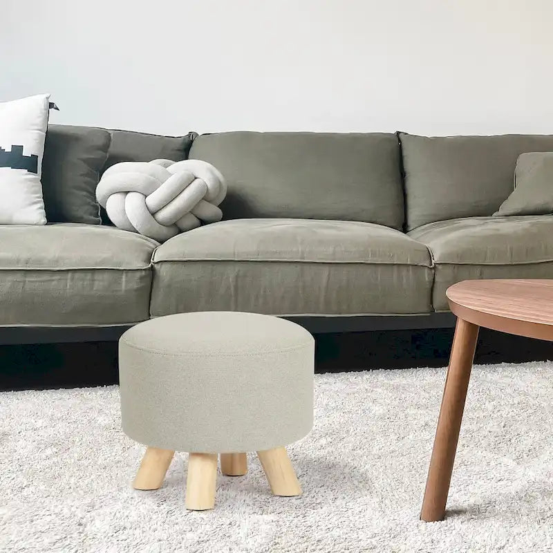Ottoman Repose-Pied Rond en Lin avec Pieds en Bois Massif