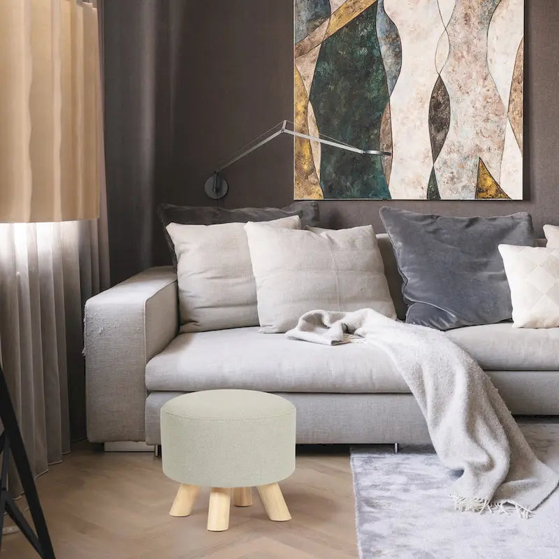 Ottoman Repose-Pied Rond en Lin avec Pieds en Bois Massif