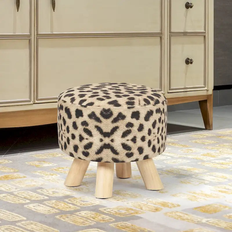 Ottoman Repose-Pied Rond en Lin avec Pieds en Bois Massif