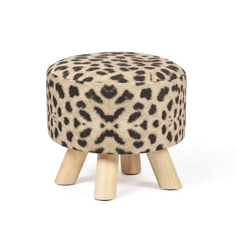 Ottoman Repose-Pied Rond en Lin avec Pieds en Bois Massif