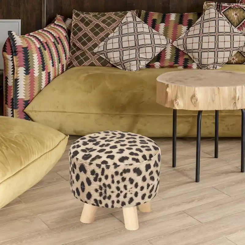 Ottoman Repose-Pied Rond en Lin avec Pieds en Bois Massif