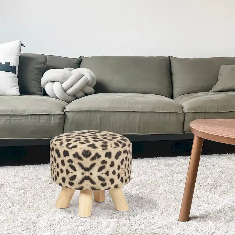 Ottoman Repose-Pied Rond en Lin avec Pieds en Bois Massif