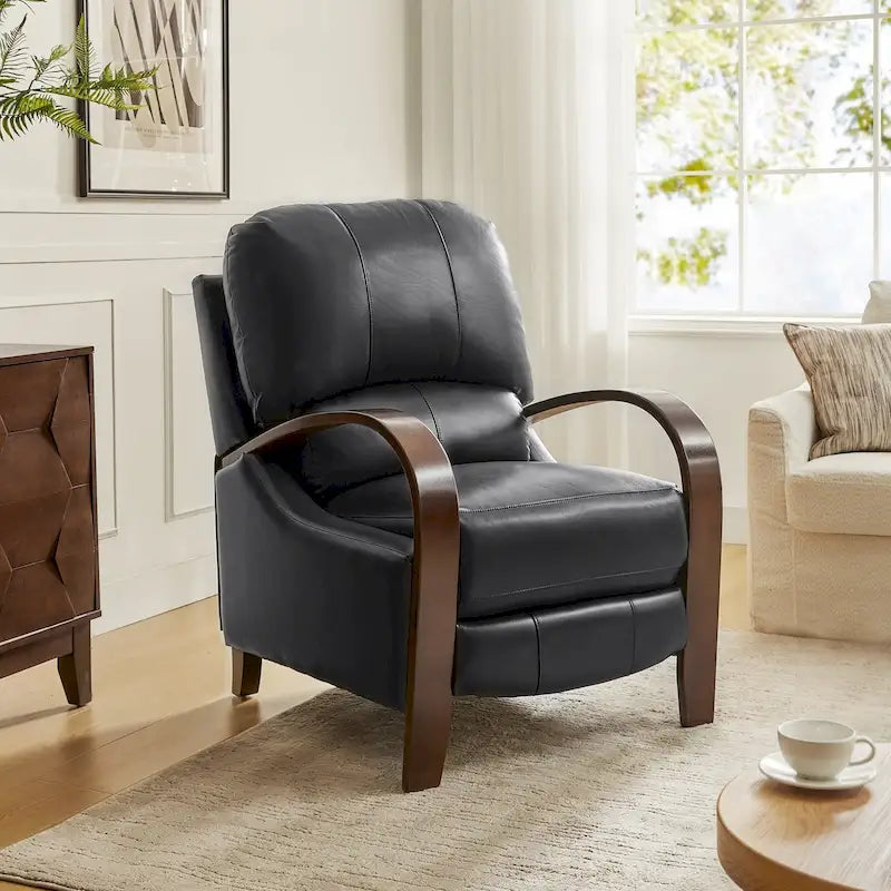 Fauteuil inclinable à dossier basculant en cuir véritable de style Mid-Century avec accoudoirs en bois courbés