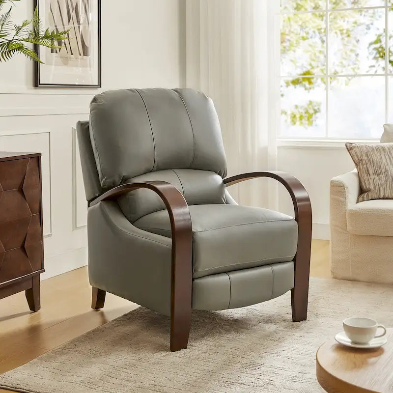 Fauteuil inclinable à dossier basculant en cuir véritable de style Mid-Century avec accoudoirs en bois courbés
