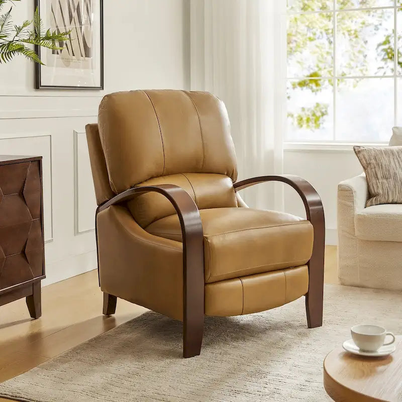 Fauteuil inclinable à dossier basculant en cuir véritable de style Mid-Century avec accoudoirs en bois courbés