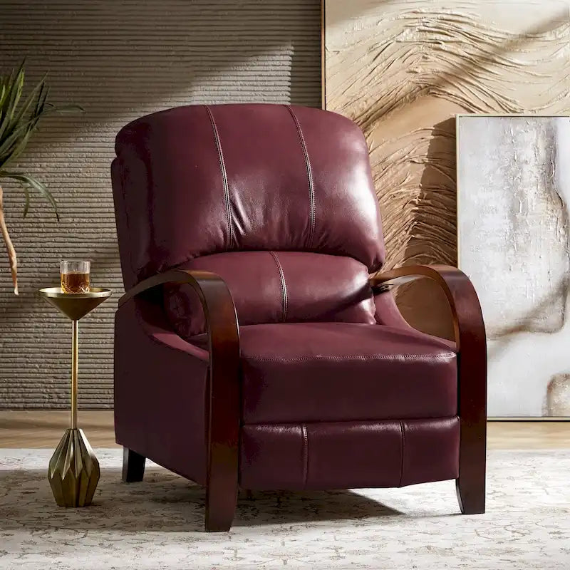 Fauteuil inclinable à dossier basculant en cuir véritable de style Mid-Century avec accoudoirs en bois courbés