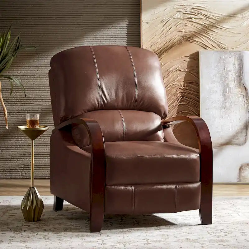 Fauteuil inclinable à dossier basculant en cuir véritable de style Mid-Century avec accoudoirs en bois courbés
