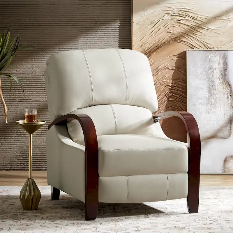 Fauteuil inclinable à dossier basculant en cuir véritable de style Mid-Century avec accoudoirs en bois courbés