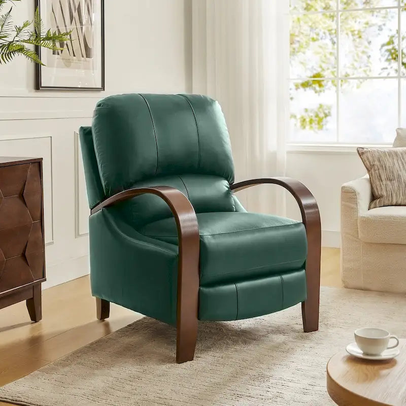 Fauteuil inclinable à dossier basculant en cuir véritable de style Mid-Century avec accoudoirs en bois courbés