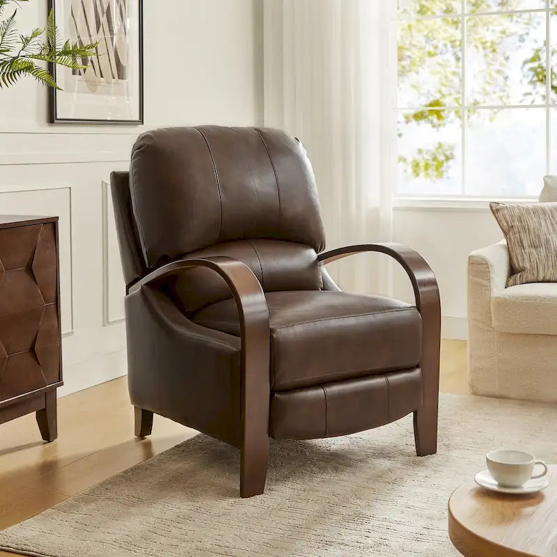 Fauteuil inclinable à dossier basculant en cuir véritable de style Mid-Century avec accoudoirs en bois courbés