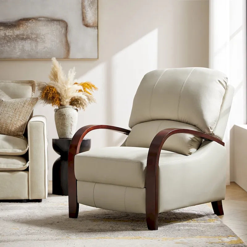 Fauteuil inclinable à dossier basculant en cuir véritable de style Mid-Century avec accoudoirs en bois courbés