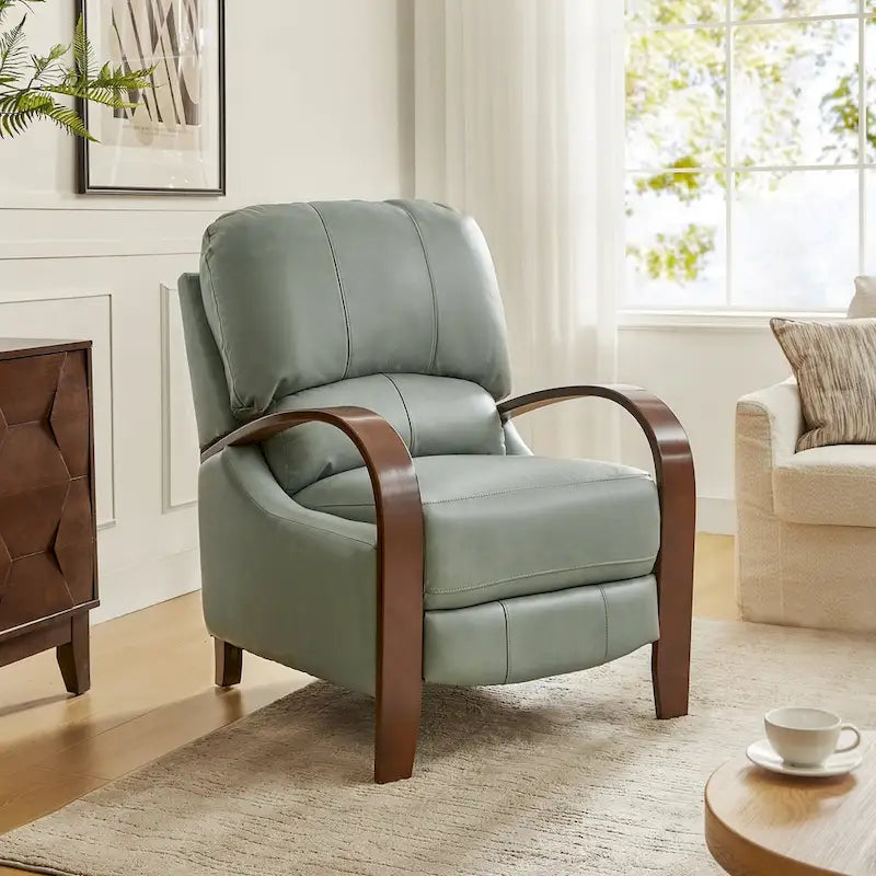 Fauteuil inclinable à dossier basculant en cuir véritable de style Mid-Century avec accoudoirs en bois courbés