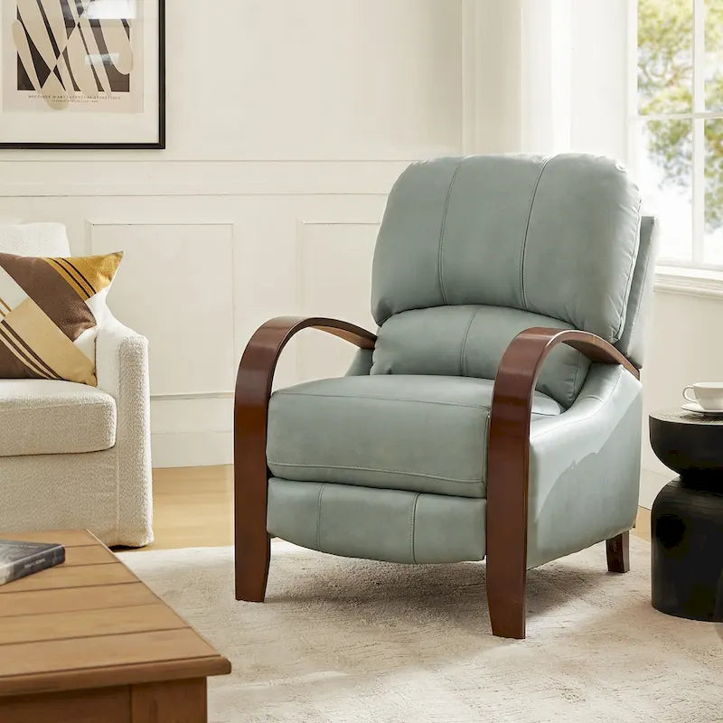 Fauteuil inclinable à dossier basculant en cuir véritable de style Mid-Century avec accoudoirs en bois courbés