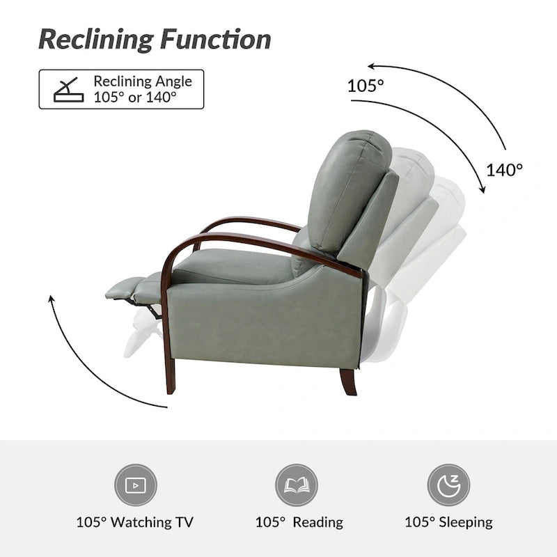 Fauteuil inclinable à dossier basculant en cuir véritable de style Mid-Century avec accoudoirs en bois courbés