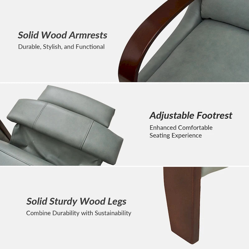 Fauteuil inclinable à dossier basculant en cuir véritable de style Mid-Century avec accoudoirs en bois courbés