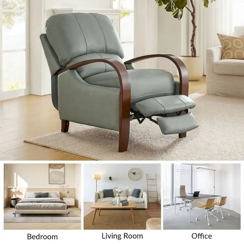 Fauteuil inclinable à dossier basculant en cuir véritable de style Mid-Century avec accoudoirs en bois courbés