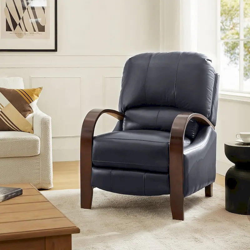 Fauteuil inclinable à dossier basculant en cuir véritable de style Mid-Century avec accoudoirs en bois courbés