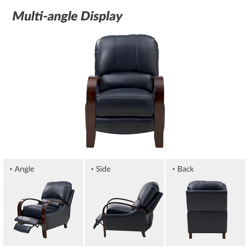 Fauteuil inclinable à dossier basculant en cuir véritable de style Mid-Century avec accoudoirs en bois courbés