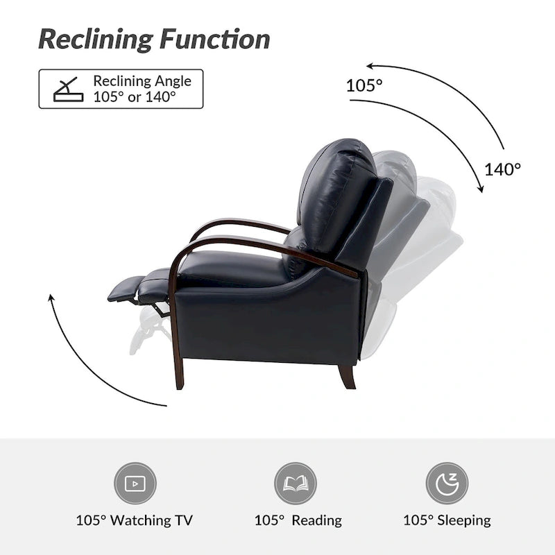 Fauteuil inclinable à dossier basculant en cuir véritable de style Mid-Century avec accoudoirs en bois courbés