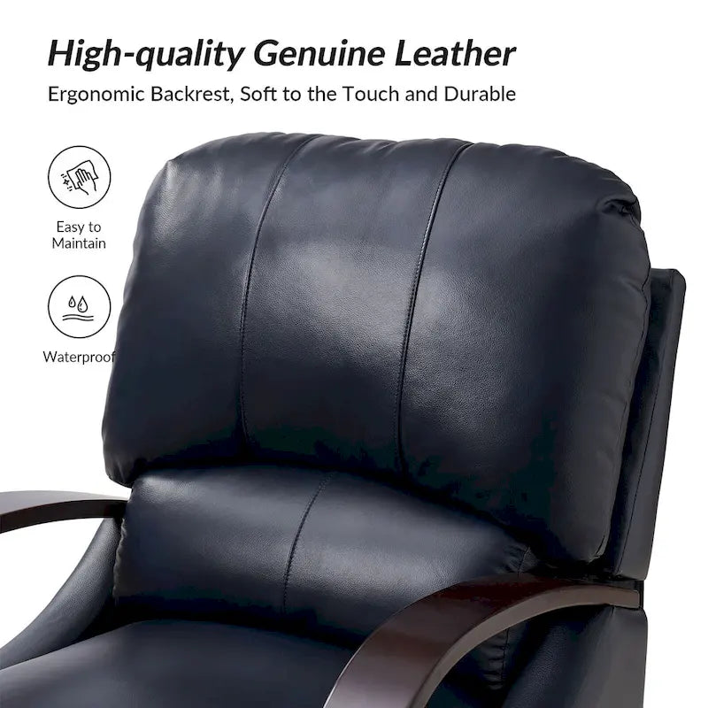 Fauteuil inclinable à dossier basculant en cuir véritable de style Mid-Century avec accoudoirs en bois courbés