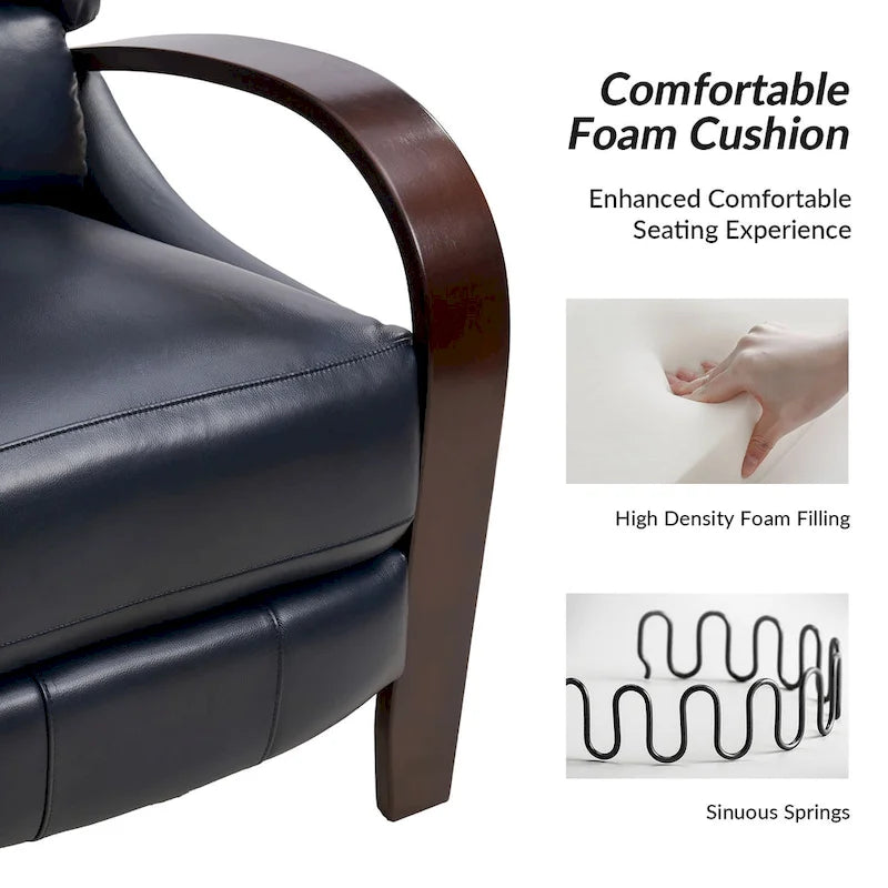Fauteuil inclinable à dossier basculant en cuir véritable de style Mid-Century avec accoudoirs en bois courbés