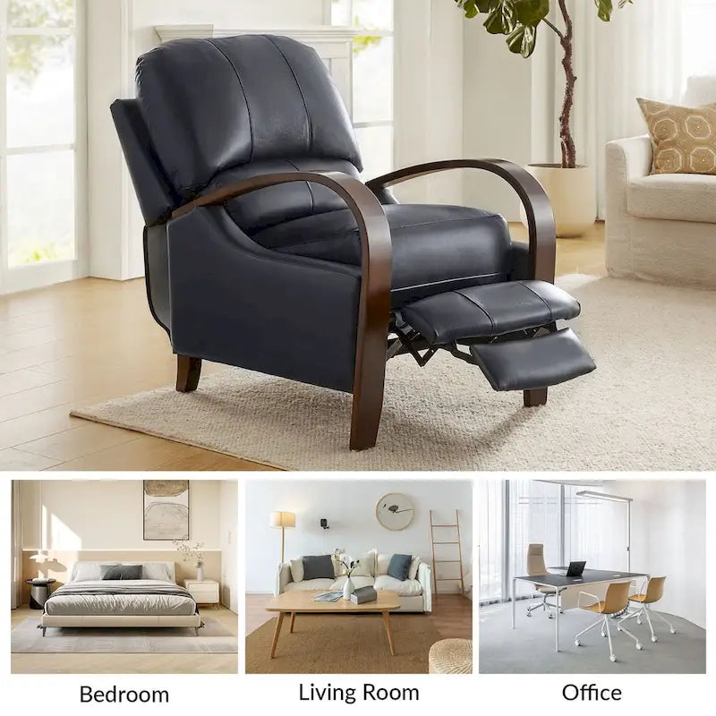 Fauteuil inclinable à dossier basculant en cuir véritable de style Mid-Century avec accoudoirs en bois courbés
