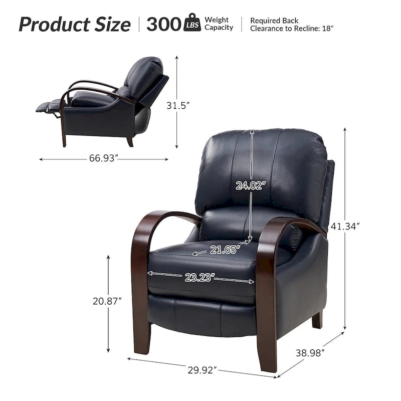 Fauteuil inclinable à dossier basculant en cuir véritable de style Mid-Century avec accoudoirs en bois courbés
