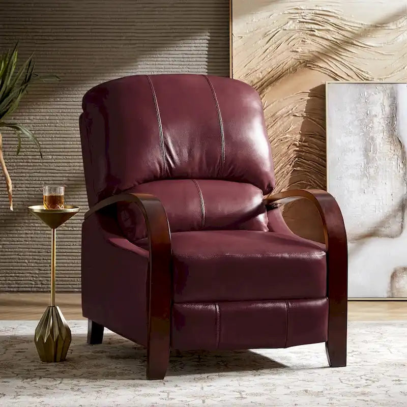 Fauteuil inclinable à dossier basculant en cuir véritable de style Mid-Century avec accoudoirs en bois courbés