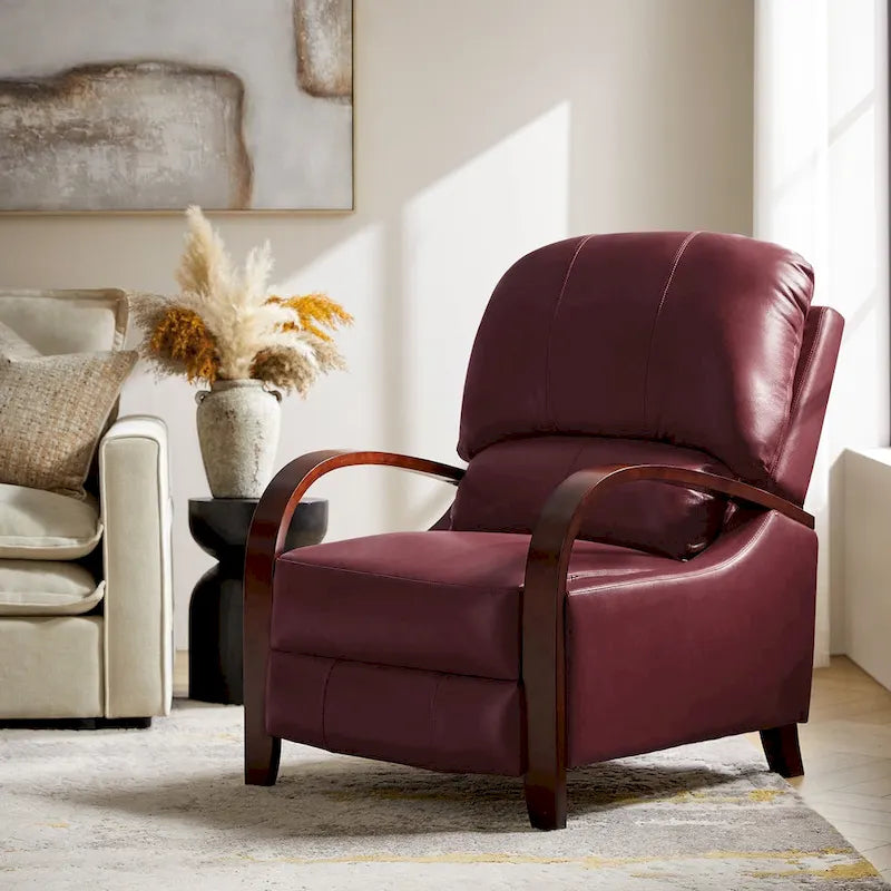 Fauteuil inclinable à dossier basculant en cuir véritable de style Mid-Century avec accoudoirs en bois courbés