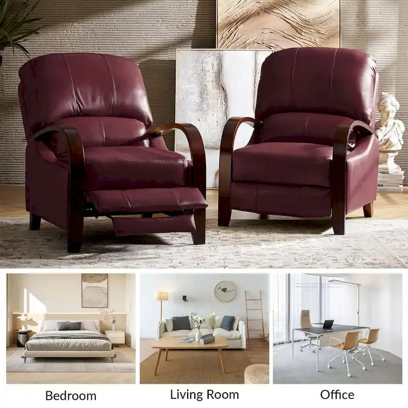 Fauteuil inclinable à dossier basculant en cuir véritable de style Mid-Century avec accoudoirs en bois courbés