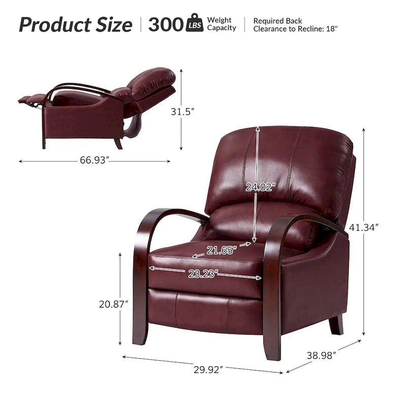 Fauteuil inclinable à dossier basculant en cuir véritable de style Mid-Century avec accoudoirs en bois courbés