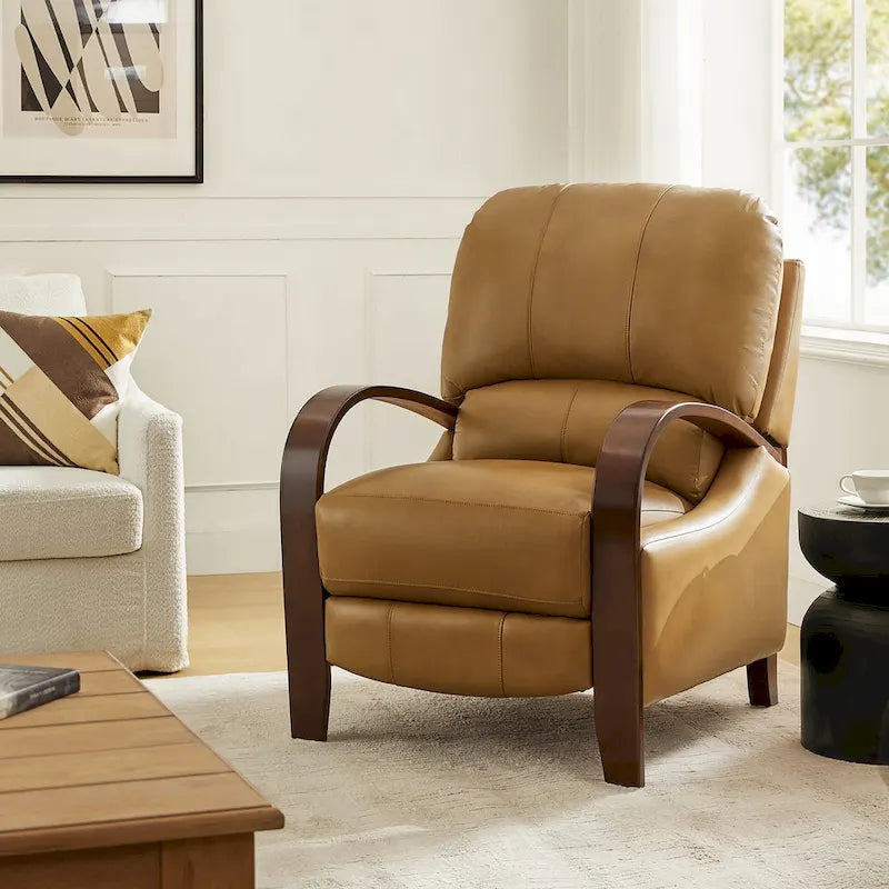 Fauteuil inclinable à dossier basculant en cuir véritable de style Mid-Century avec accoudoirs en bois courbés