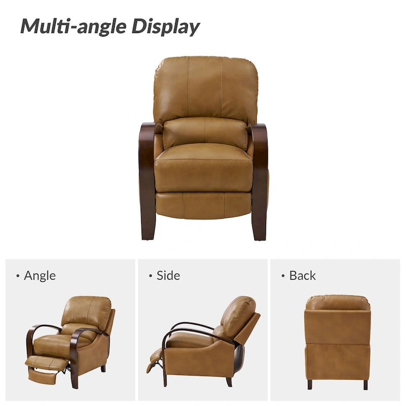 Fauteuil inclinable à dossier basculant en cuir véritable de style Mid-Century avec accoudoirs en bois courbés