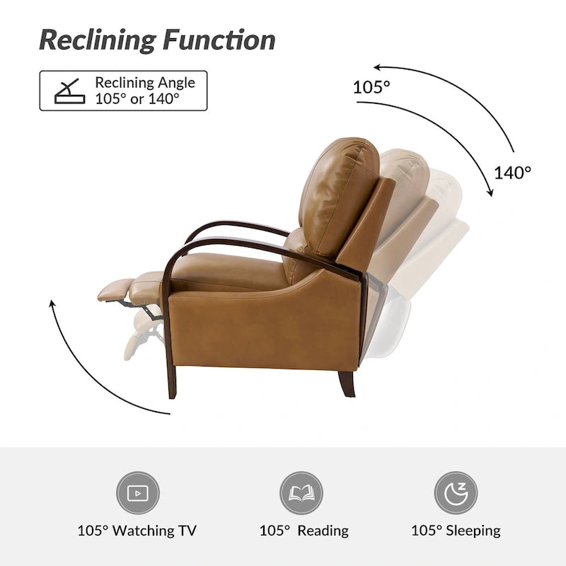 Fauteuil inclinable à dossier basculant en cuir véritable de style Mid-Century avec accoudoirs en bois courbés