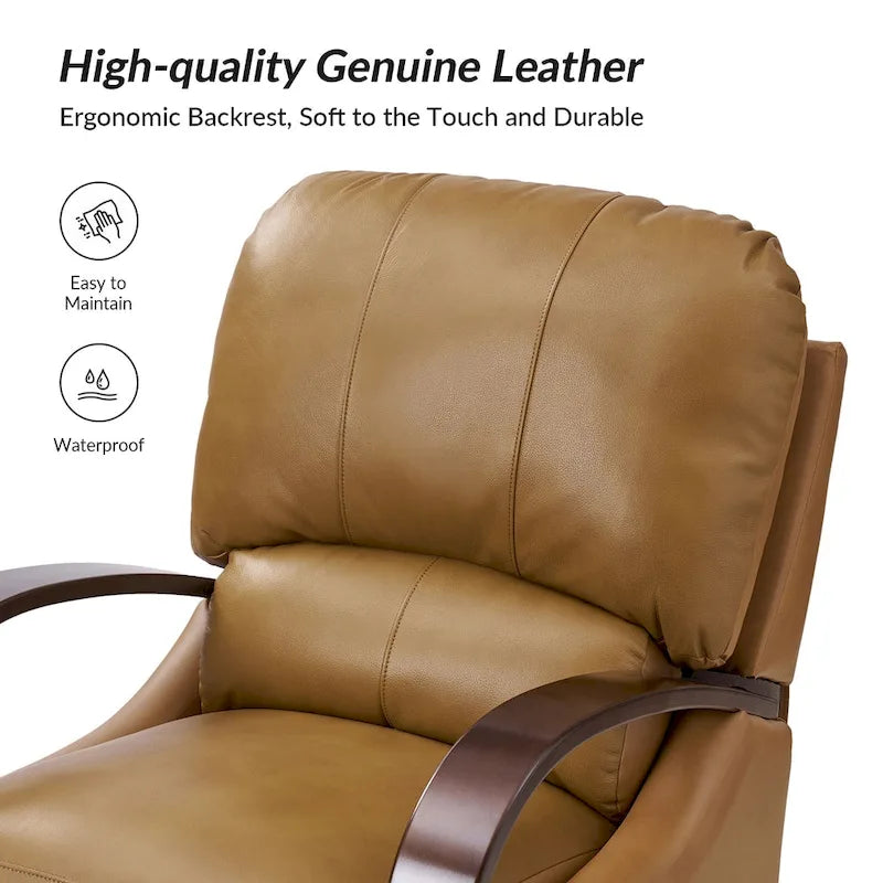Fauteuil inclinable à dossier basculant en cuir véritable de style Mid-Century avec accoudoirs en bois courbés